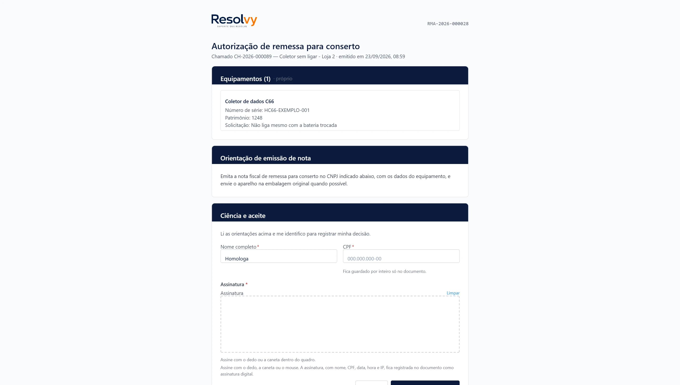Autorização de remessa assinada pelo cliente